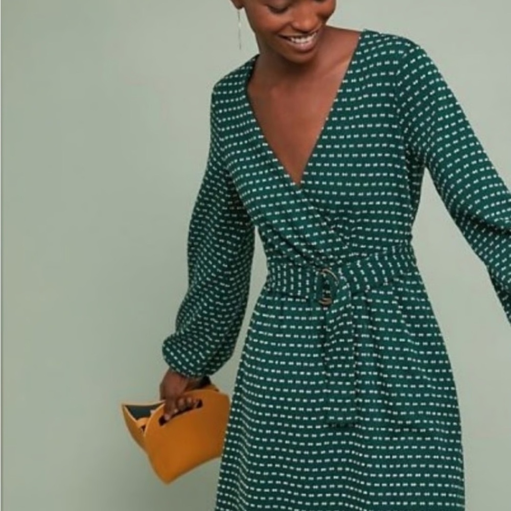 Maeve Anthropolagie M NWT Green Pattern Long Sleeve Dress Vneck Party Event - Picture 11 of 13